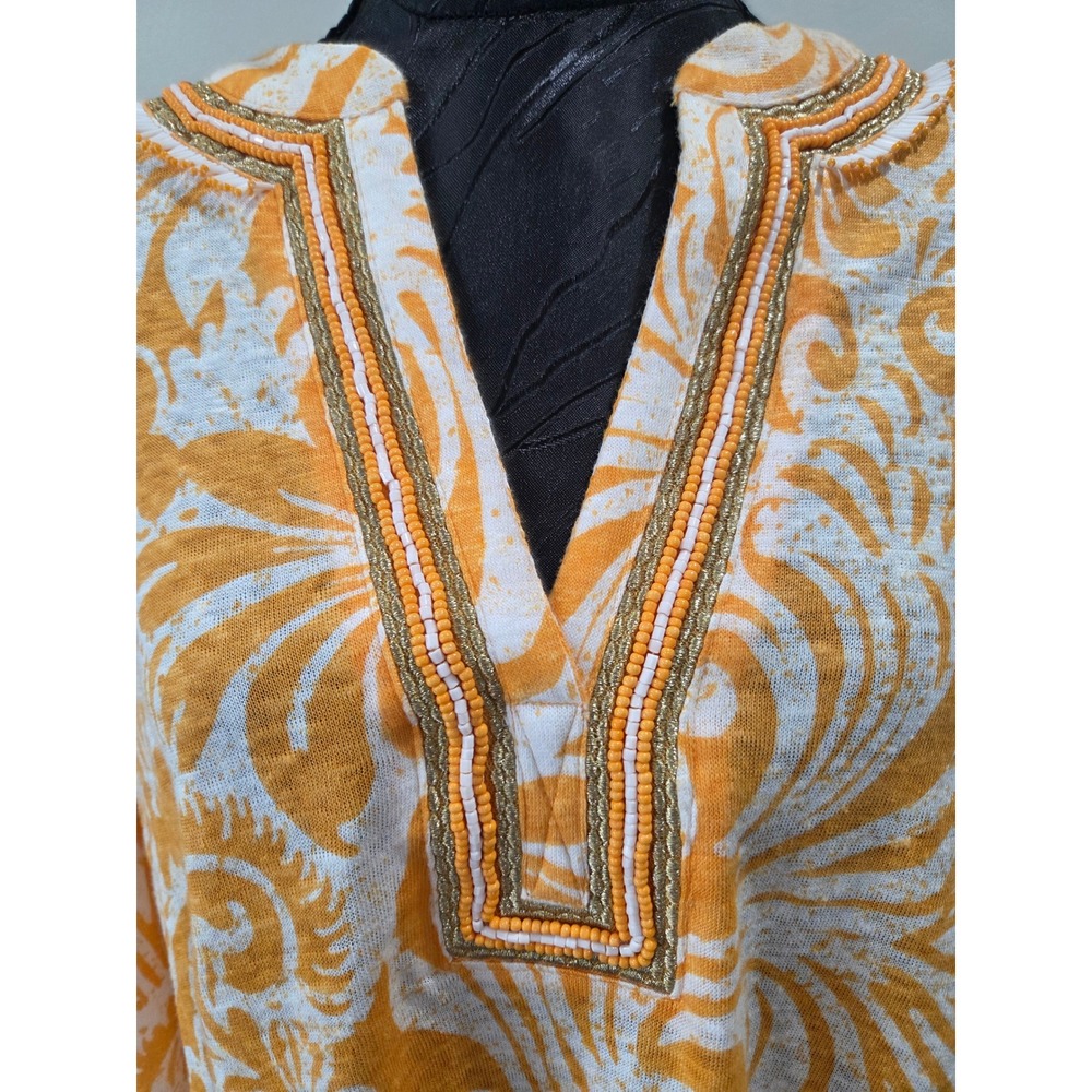 Chico's Floral Paisley Embellished Linen Tunic Golden Yellow Sz 4 U.S. XXL